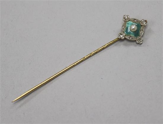 An early 20th century yellow metal, enamel, seed pearl and diamond stick pin, 69mm.